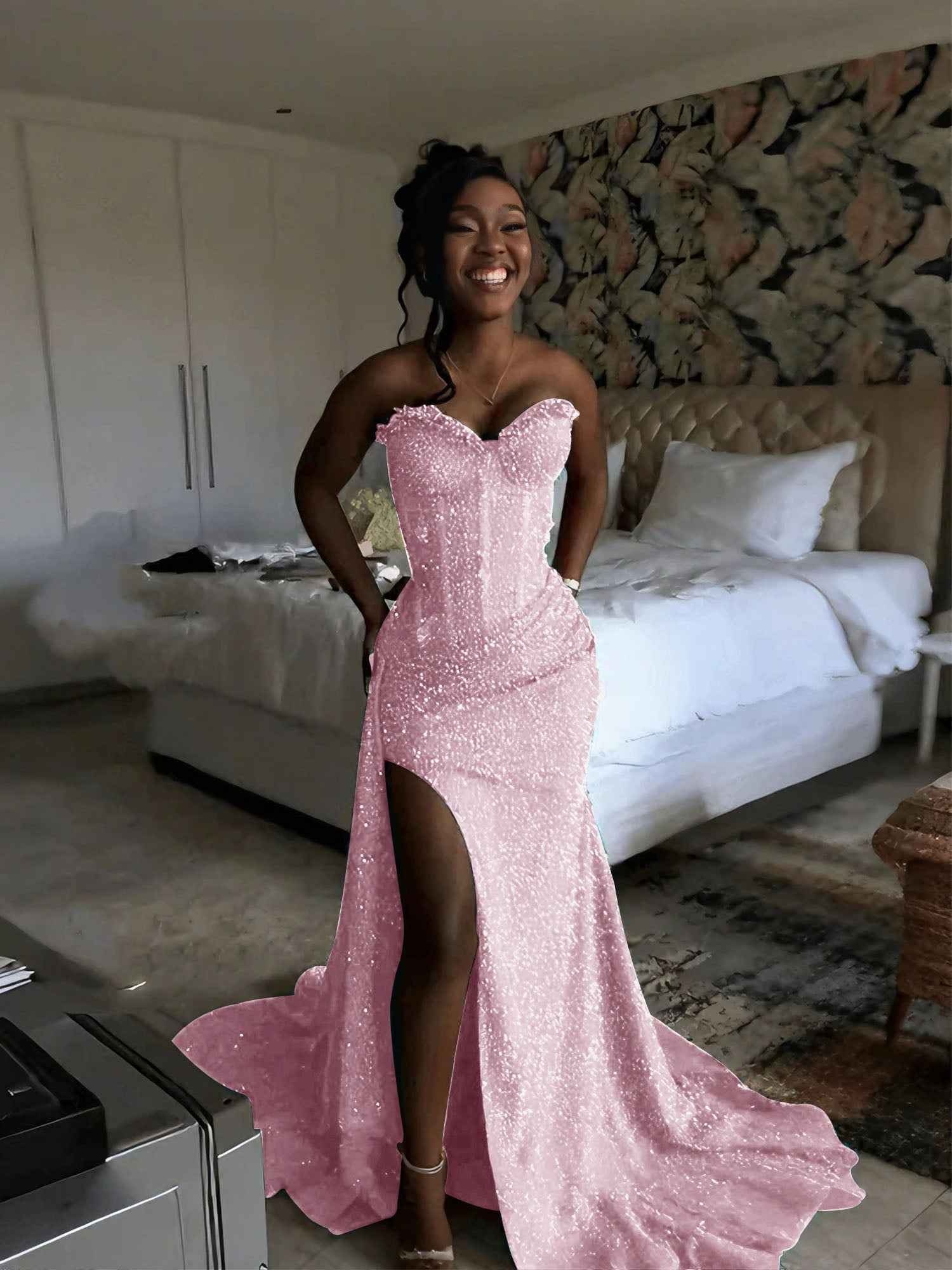 Glitter Strapless Mermaid Sequined Long Prom Dress with Slit (ZD17399)