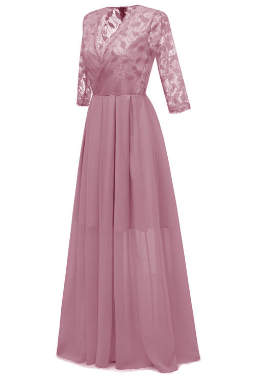 Pink A-line Lace Prom Dress With Long Sleeves - Fashionpara