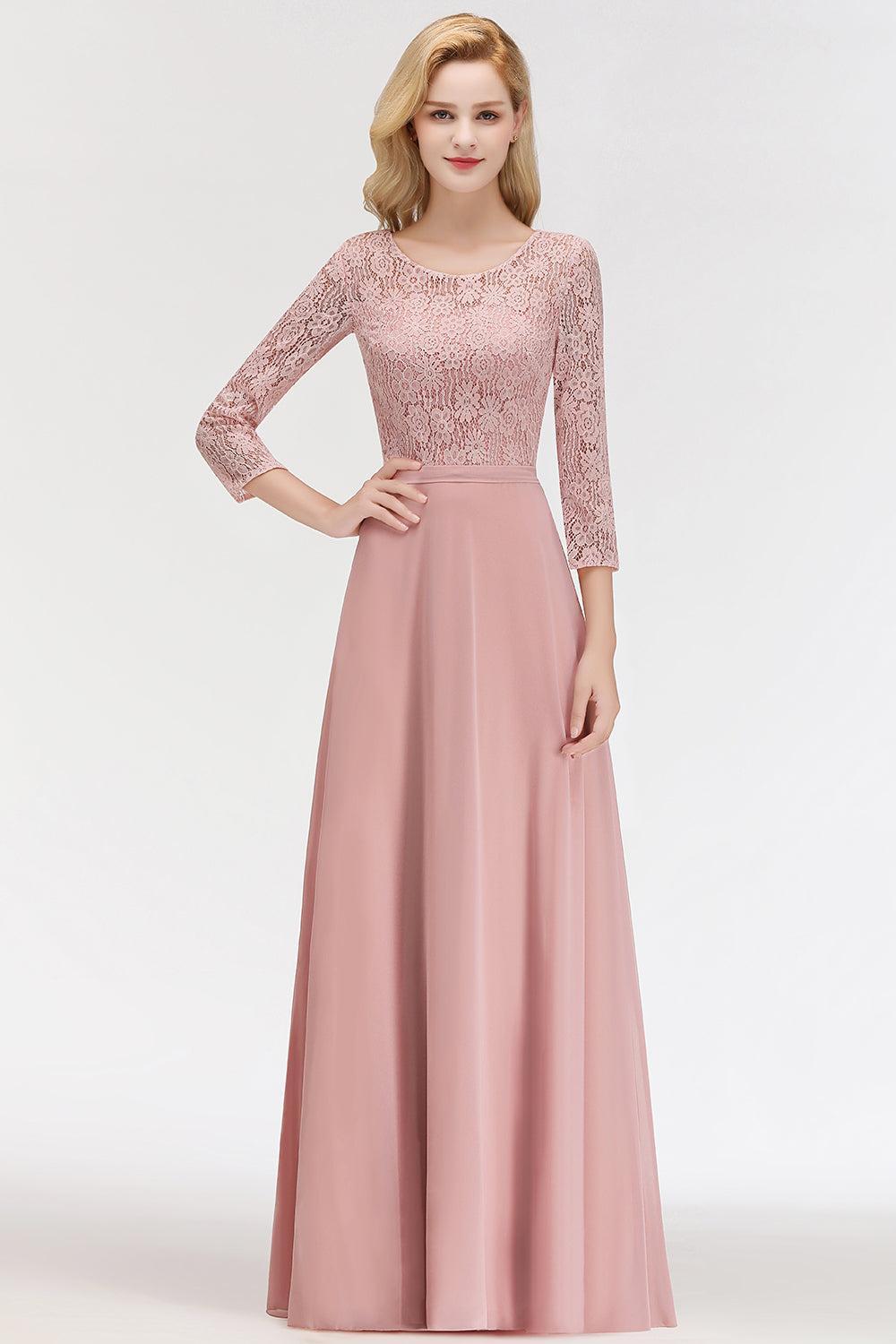 Pink Lace Long Evening Dresses with Sleeves | A-Line Scoop Bridesmaid Dresses