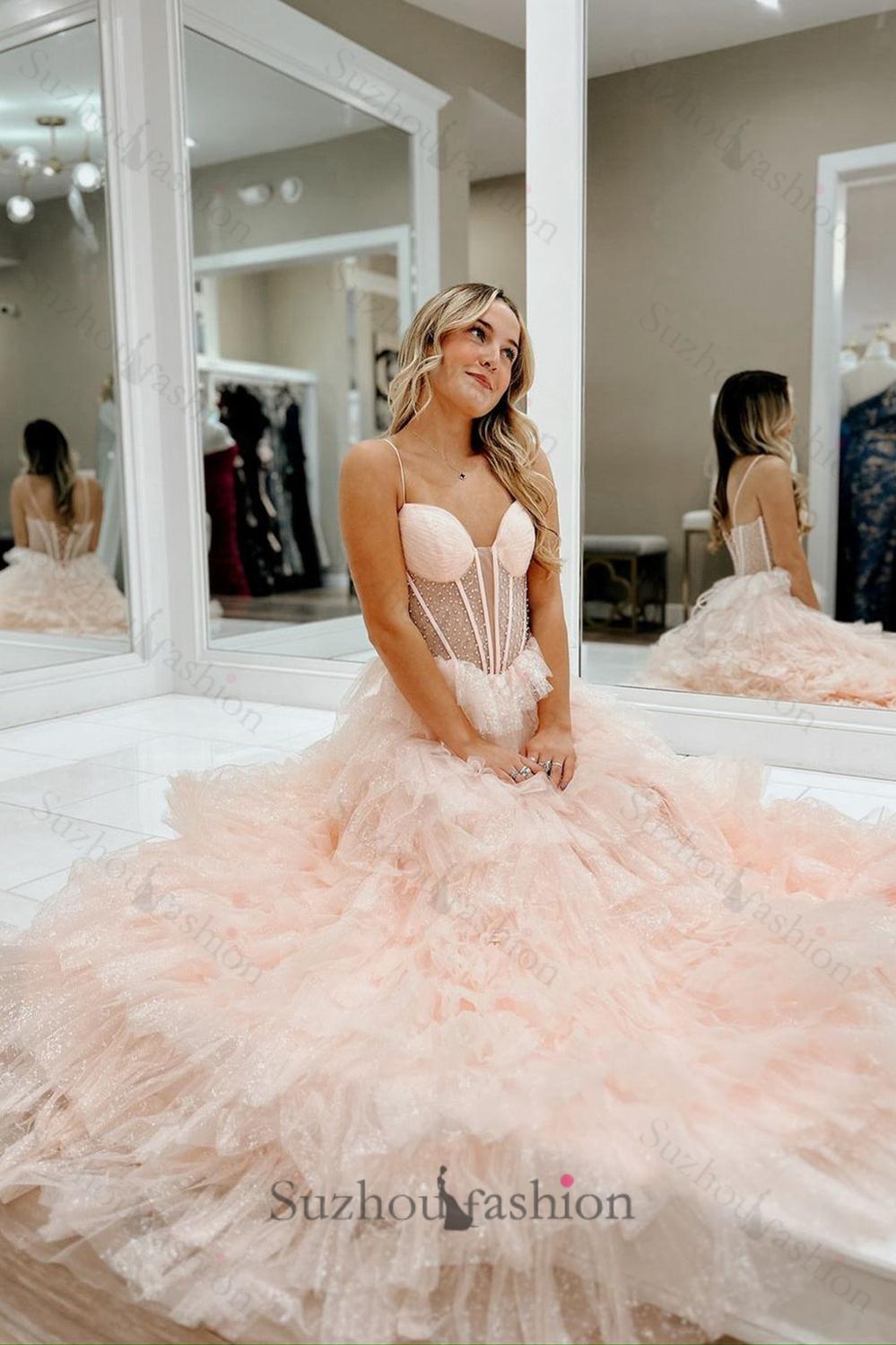 Pink Prom Dress Tiered A-Line Spaghetti Straps Long Formal Dress