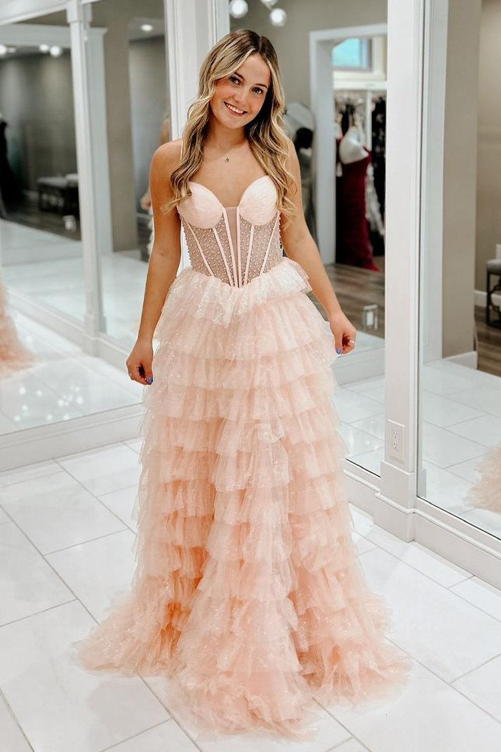 Pink Prom Dress Tiered A-Line Spaghetti Straps Long Formal Dress