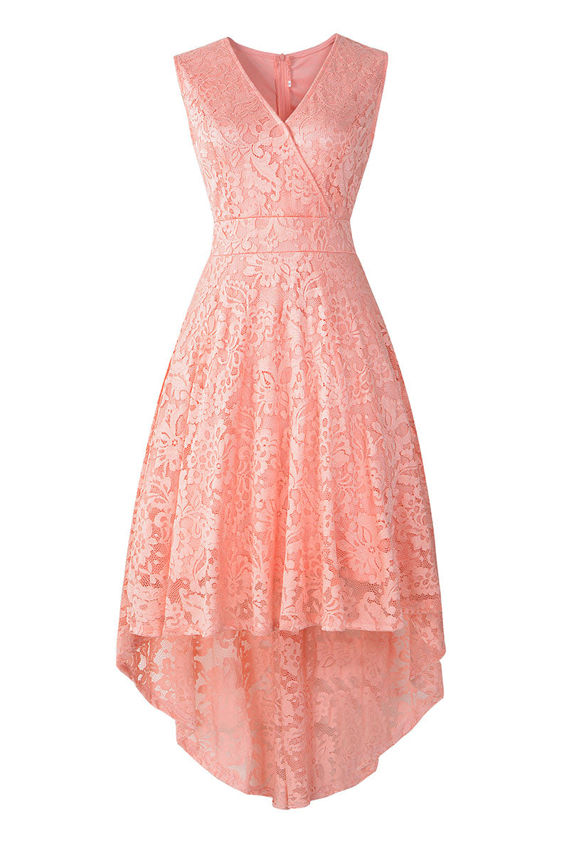 Pink V Neck Sleeveless High Low Lace Cocktail Dress - Fashionpara