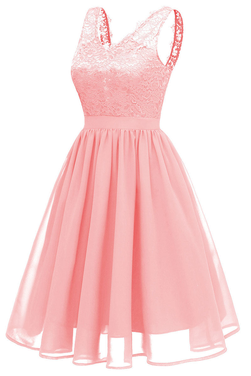 Burgundy V-neck Lace A-line Prom Dress - Fashionpara