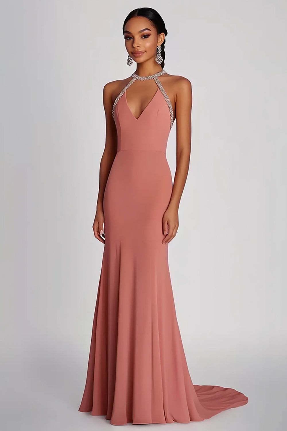 Pink Wedding Guest Dress Halter Neck Sheath Long Formal Dress With Beading