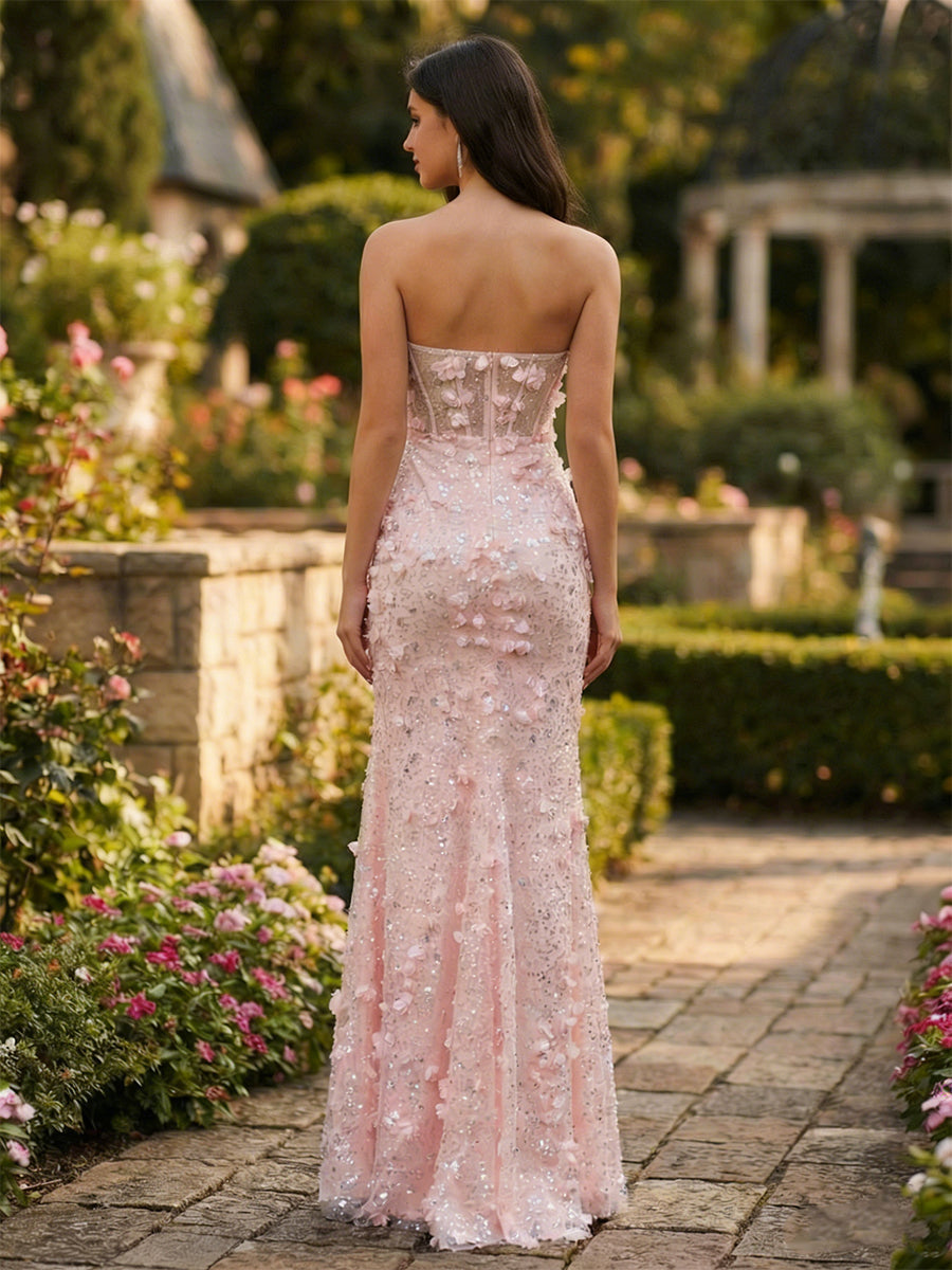 Pink 3D Floral Applique Sequin Corset Prom Dress with Slit