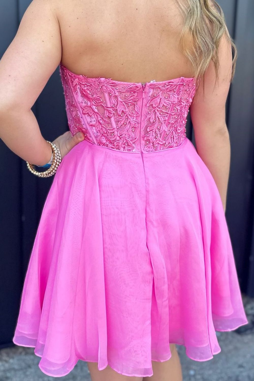 Pink A-Line Strapless Lace Top Short Tulle Homecoming Dress