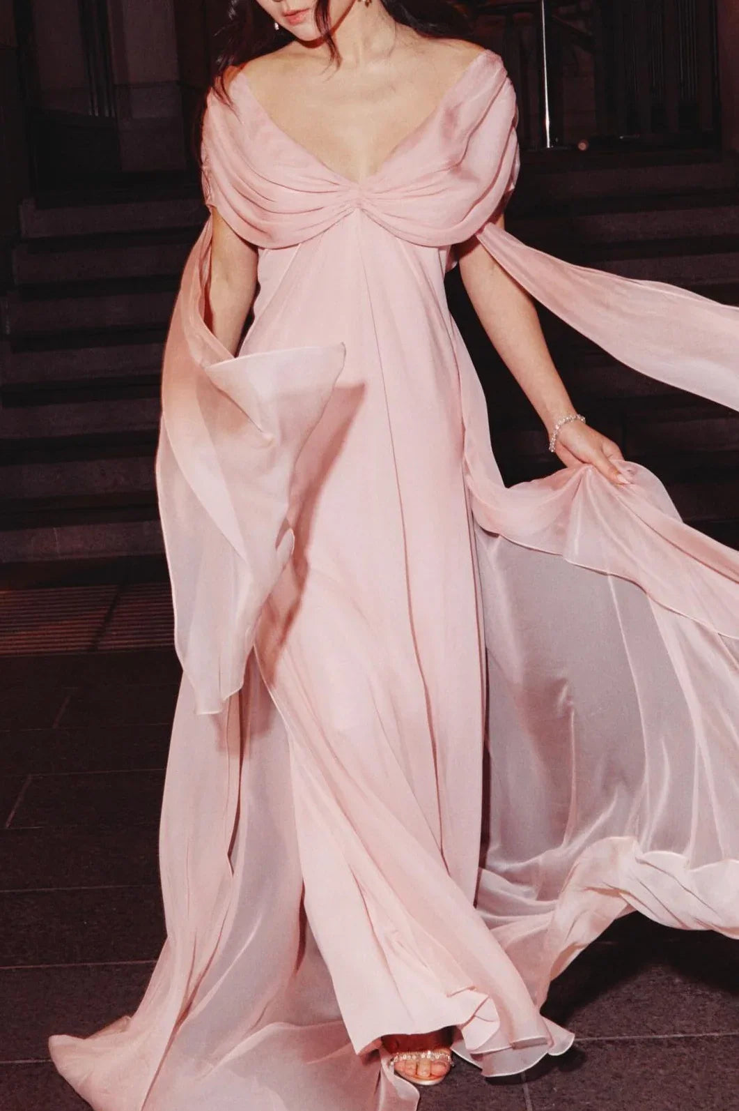Pink Chiffon A-Line V-Neck Long Prom Dress With Ruffles