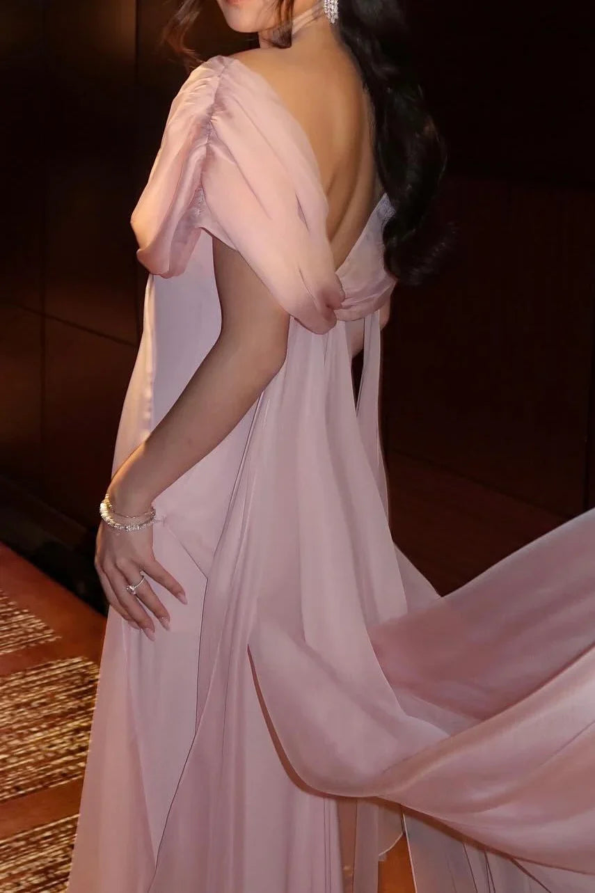 Pink Chiffon A-Line V-Neck Long Prom Dress With Ruffles