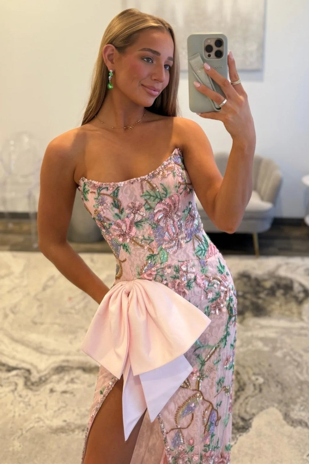 Gorgeous Mermaid Strapless Pink Corset Prom Dress with Embroidery Bowknot