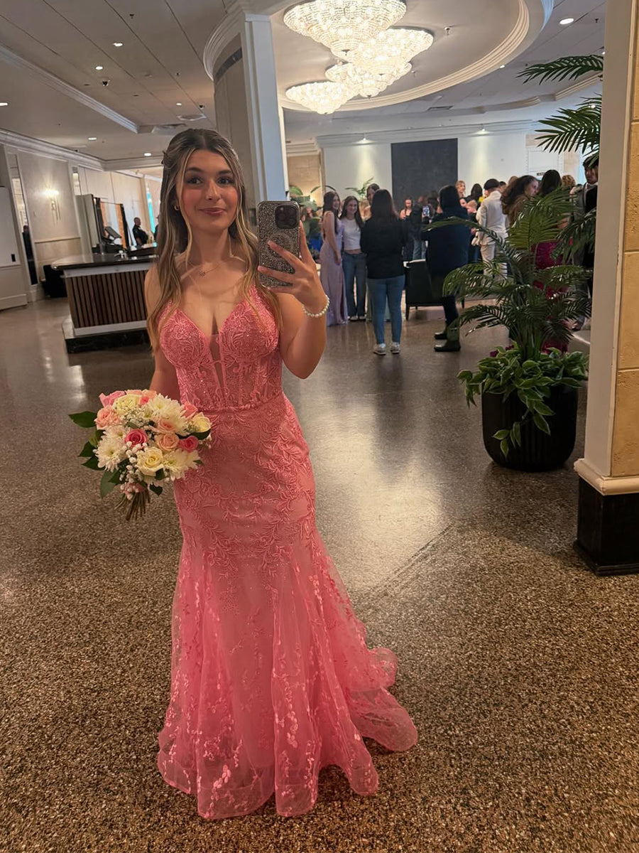 Pink Floral Lace Corset Bodice Mermaid Prom Dress with Plunging V-Neck - VelvetHem