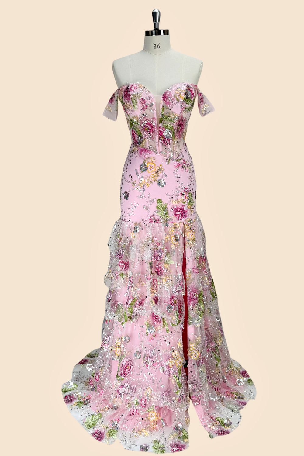 Gorgeous Mermaid Off Shoulder Pink Floral Corset Mermaid Prom Dress with Slit