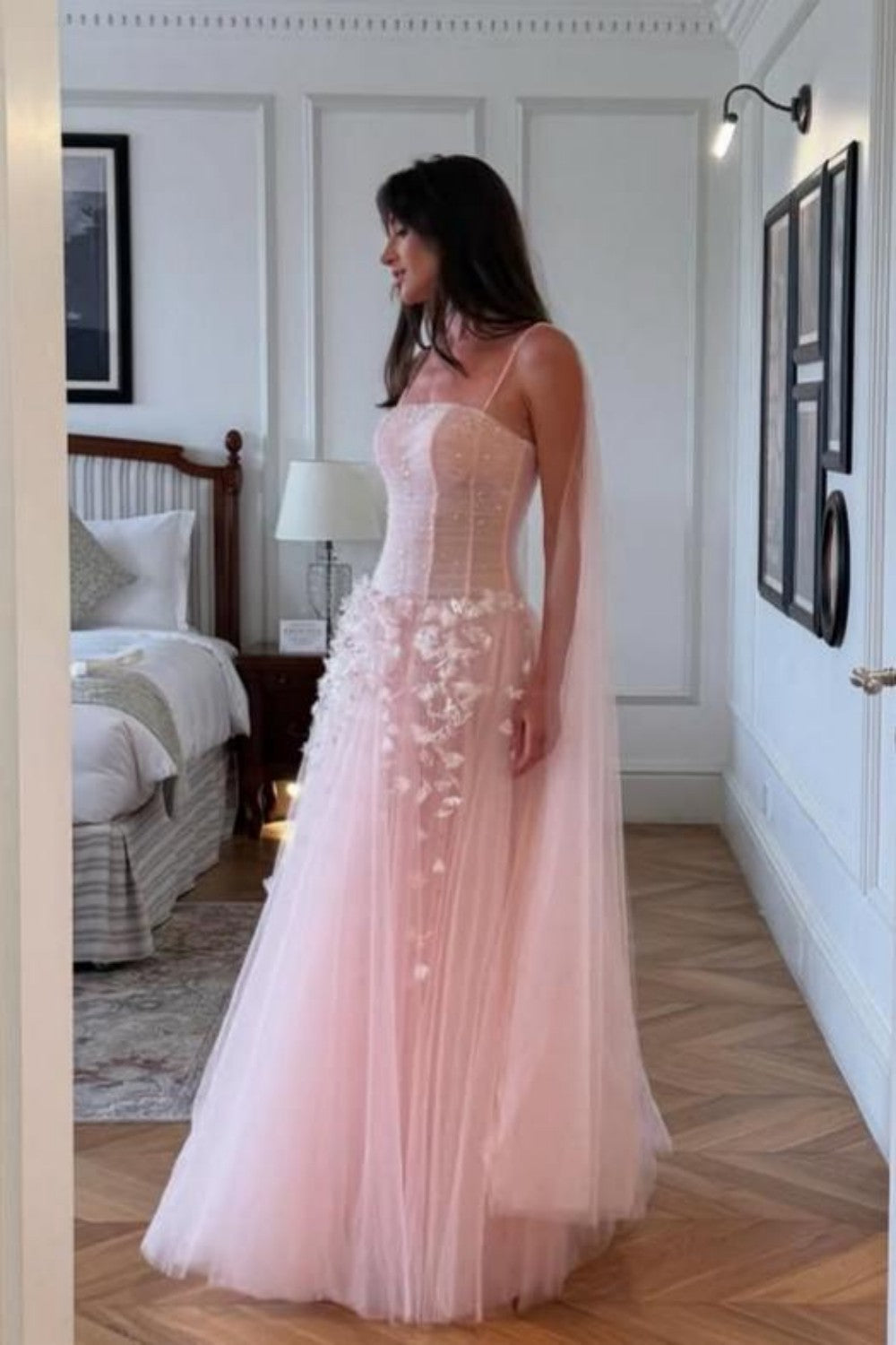 Princess A Line Pink Floral Spaghetti Straps Tulle Ball Gown Prom Dress with Corset Bodice