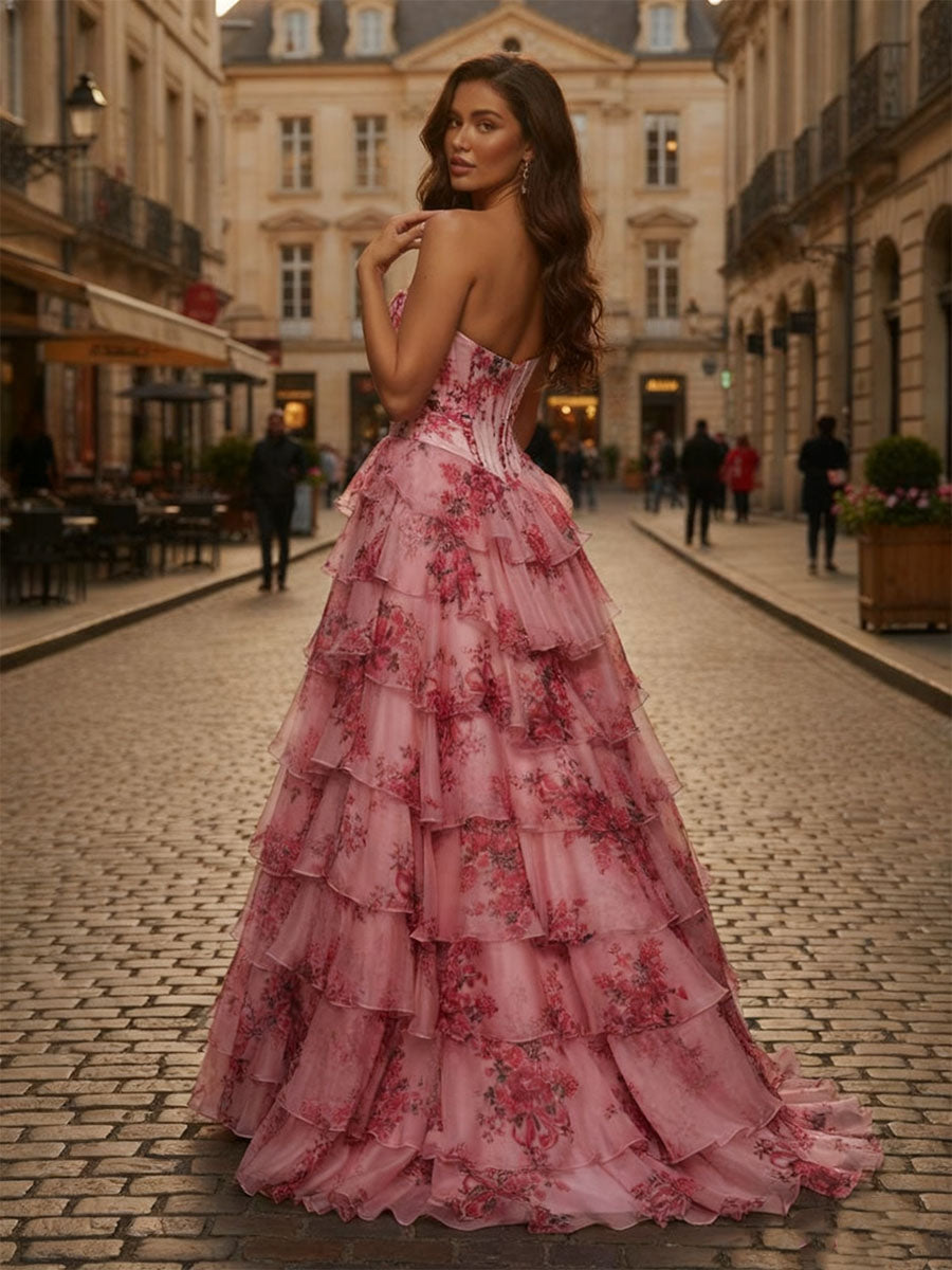 Pink Floral Strapless Chiffon Ruffle Corset Prom Dress with Slit - View 2 | FashionDia