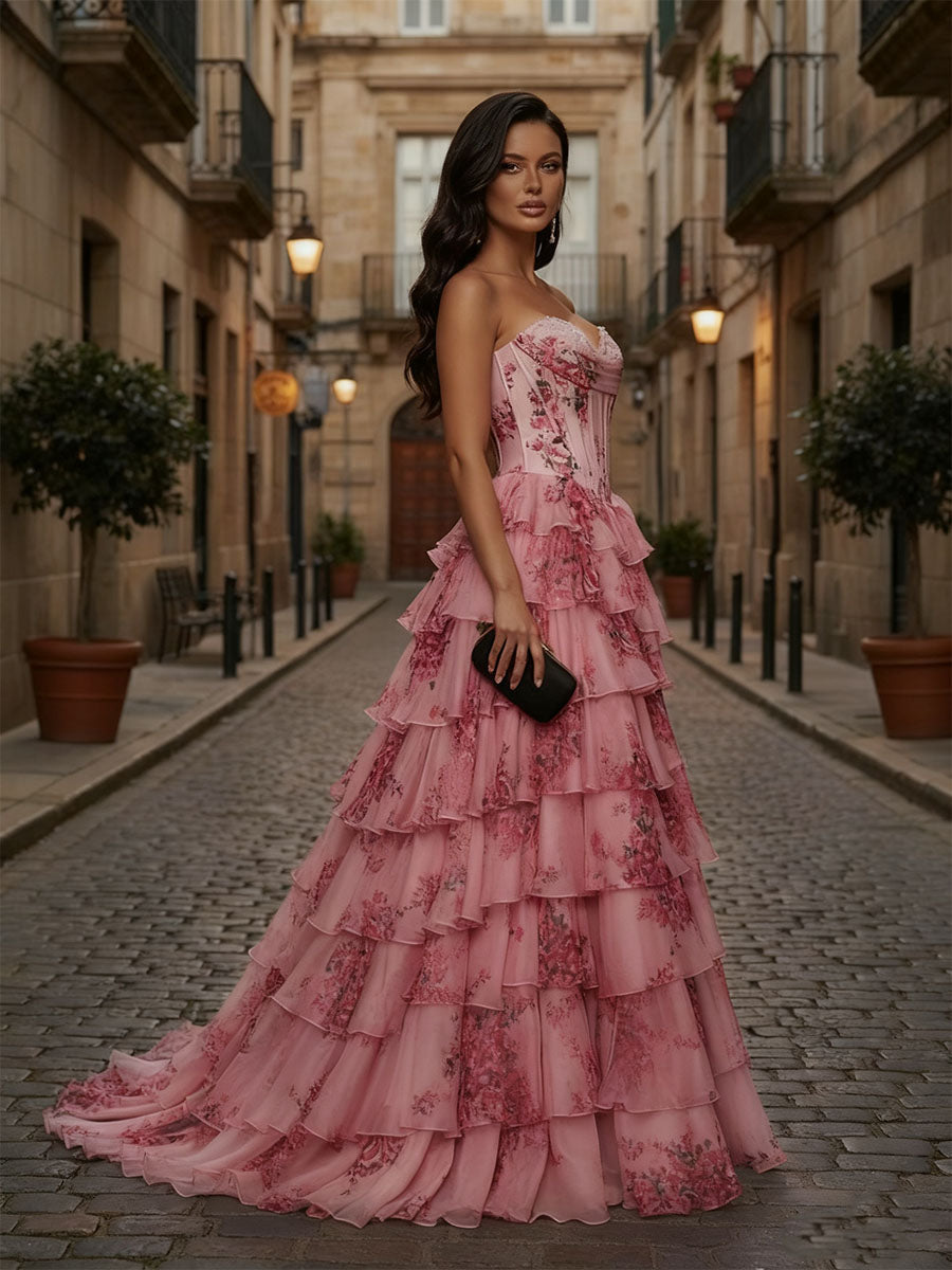 Pink Floral Strapless Chiffon Ruffle Corset Prom Dress with Slit - View 3 | FashionDia