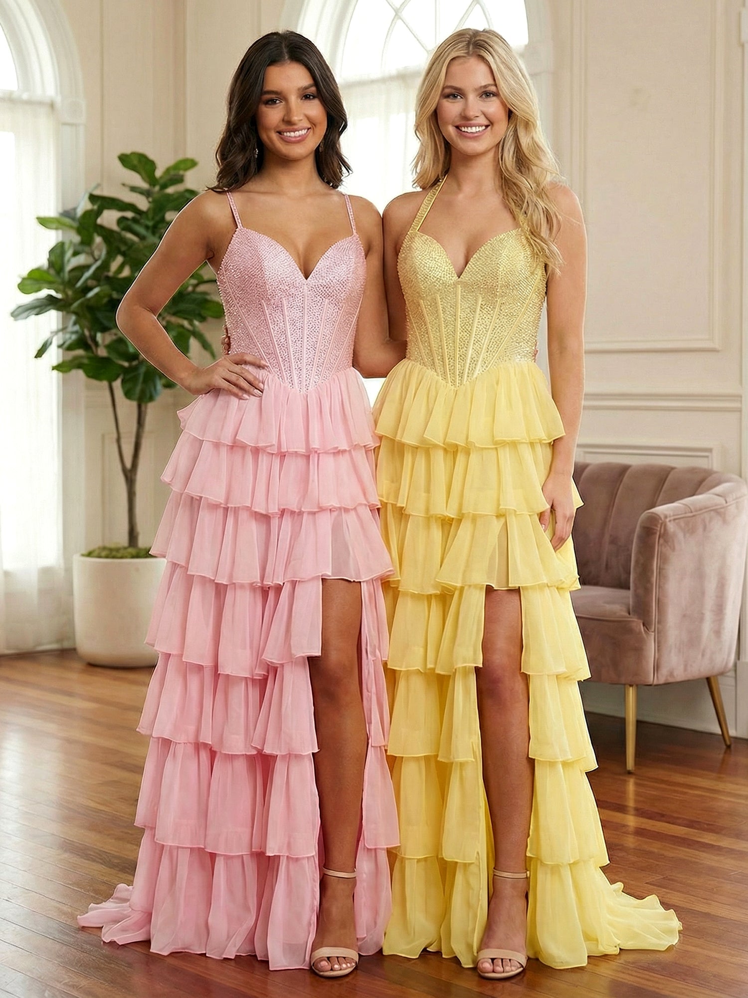 Pink Halter Beaded Corset Tiered Ruffle Long Prom Dress with Slit