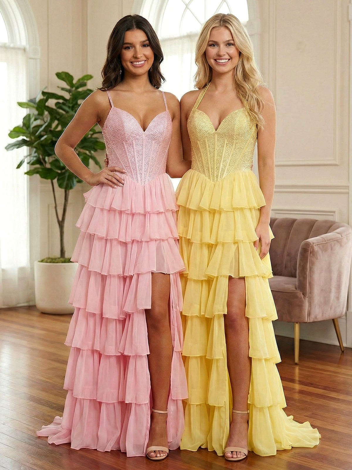 Pink Halter Beaded Corset Tiered Ruffle Long Prom Dress with Slit - View 3 | FashionDia