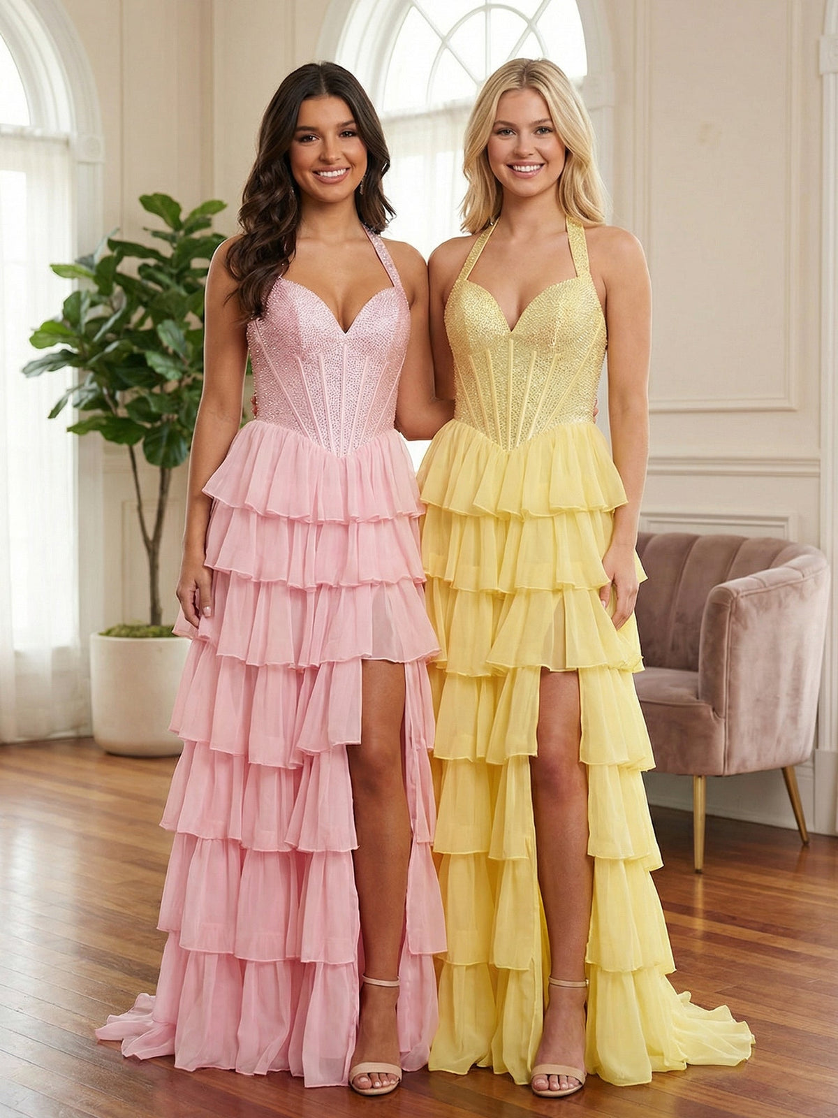 Pink Halter Beaded Corset Tiered Ruffle Long Prom Dress with Slit - FashionDia