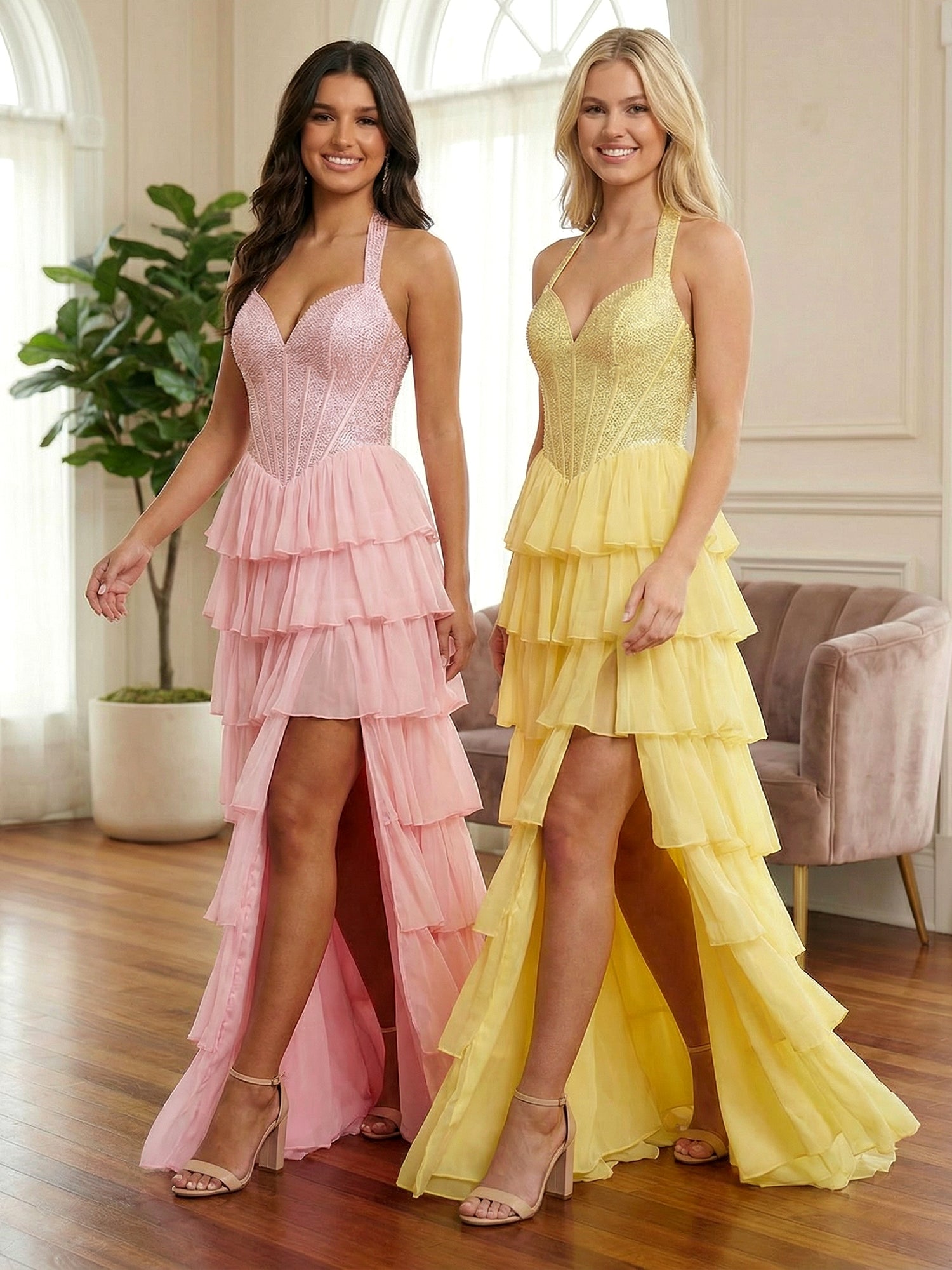 Pink Halter Beaded Corset Tiered Ruffle Long Prom Dress with Slit