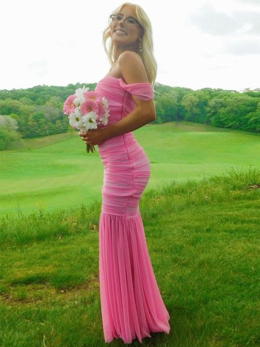 Pink Mermaid Off-Shoulder Sweetheart Pleats Long Prom Dress - FashionDia