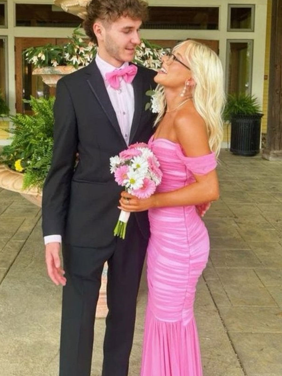 Pink Mermaid Off-Shoulder Sweetheart Pleats Long Prom Dress - View 2 | FashionDia