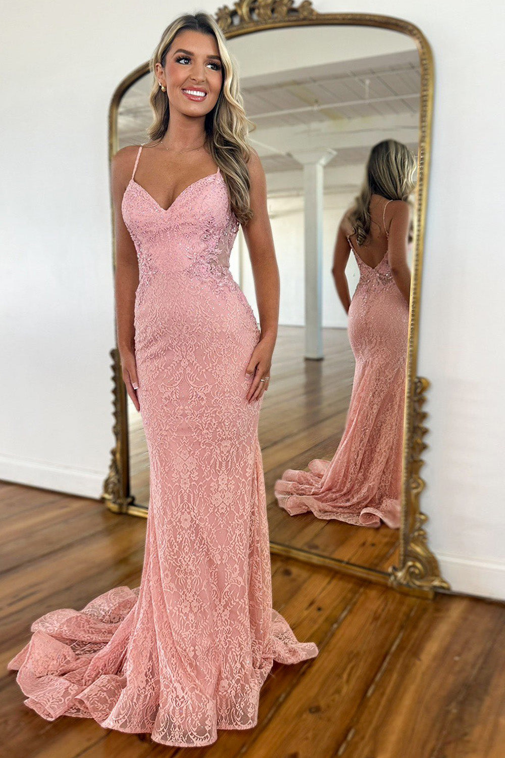 Pink Mermaid Spaghetti Straps Backless Long Lace Prom Dress