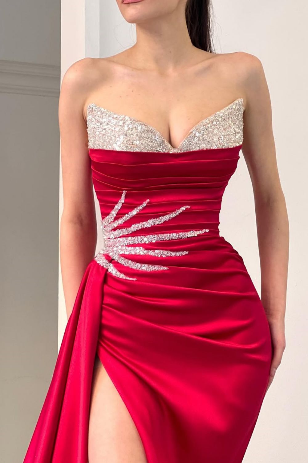 Pink Mermaid Strapless Long Satin Formal Dress with Sequin and Slit - View 5 | FashionDia