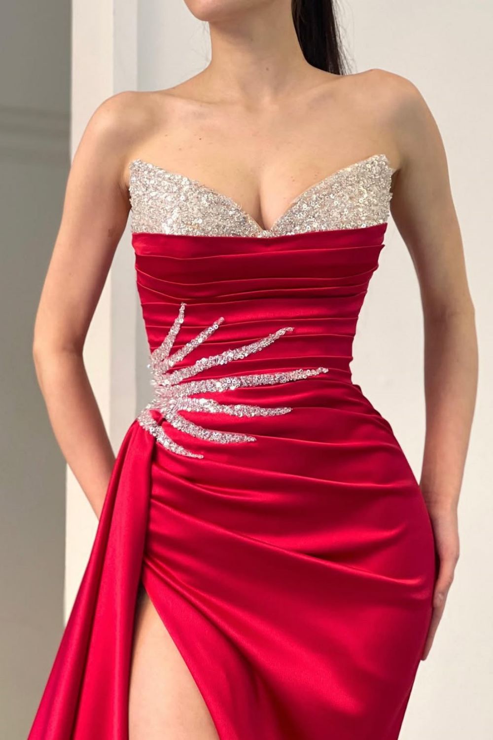 Pink Mermaid Strapless Long Satin Formal Dress with Sequin and Slit - View 6 | FashionDia