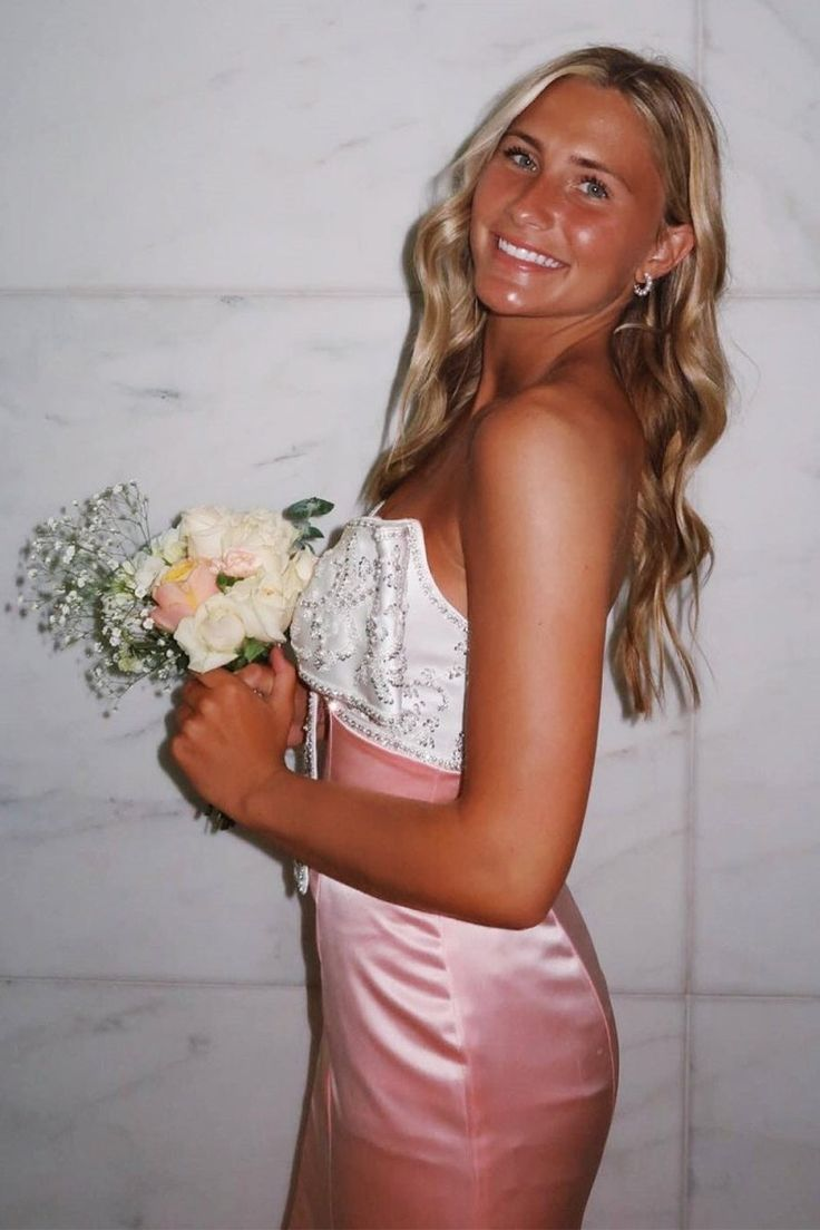 Pink Mermaid Strapless Satin Long Prom Dresses With Beaded Bow J9659