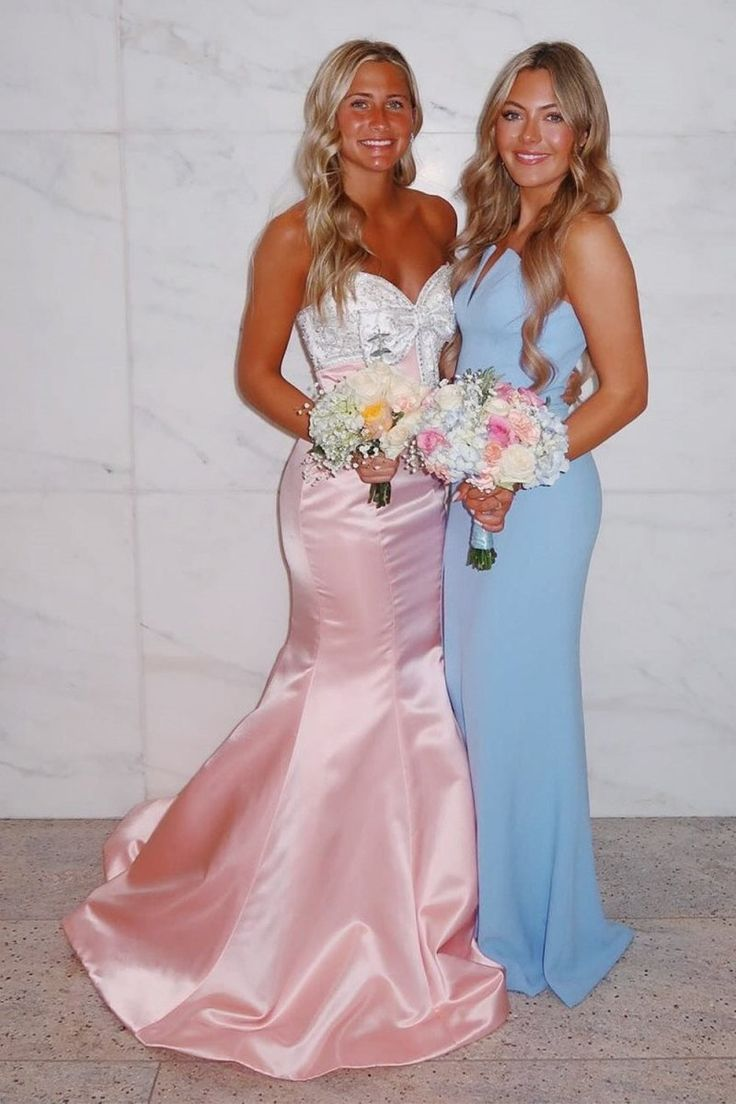 Pink Mermaid Strapless Satin Long Prom Dresses With Beaded Bow J9659