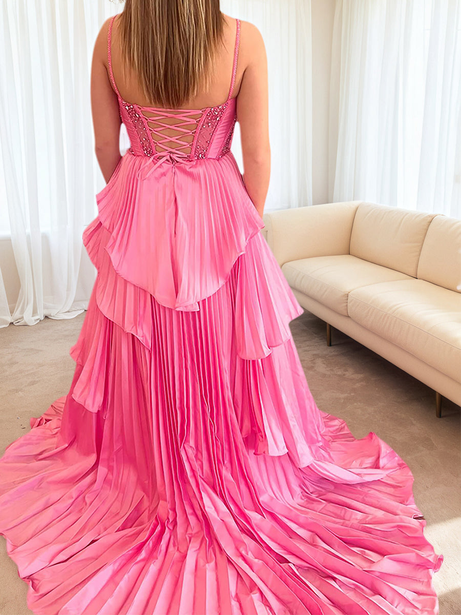Pink Pleated Ruffle Beaded Corset Bodice Prom Dress with Slit
