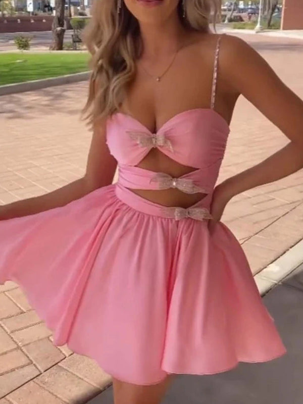 A-Line Spaghetti Straps lllusion Empire Satin Homecoming Dress