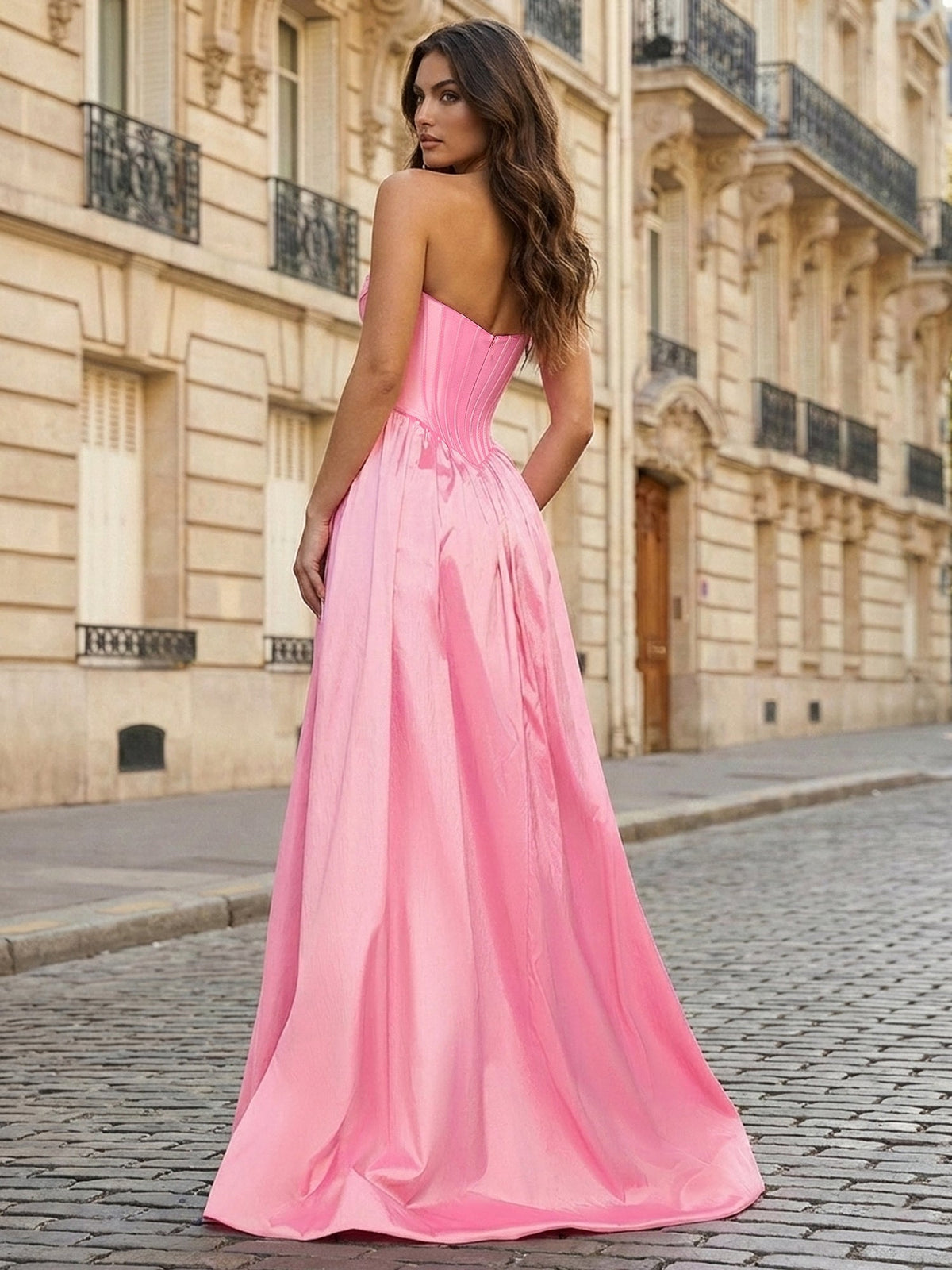 Pink Satin Strapless Long Corset Prom Dress with Slit - View 2 | FashionDia
