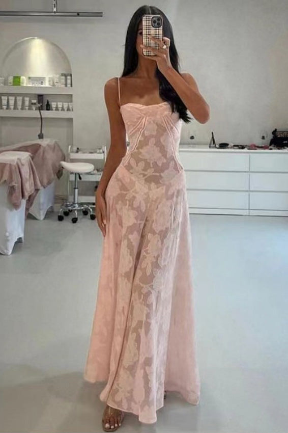 Pink Spaghetti Straps A-Line Prom Gown Evening Dress - Fashionpara