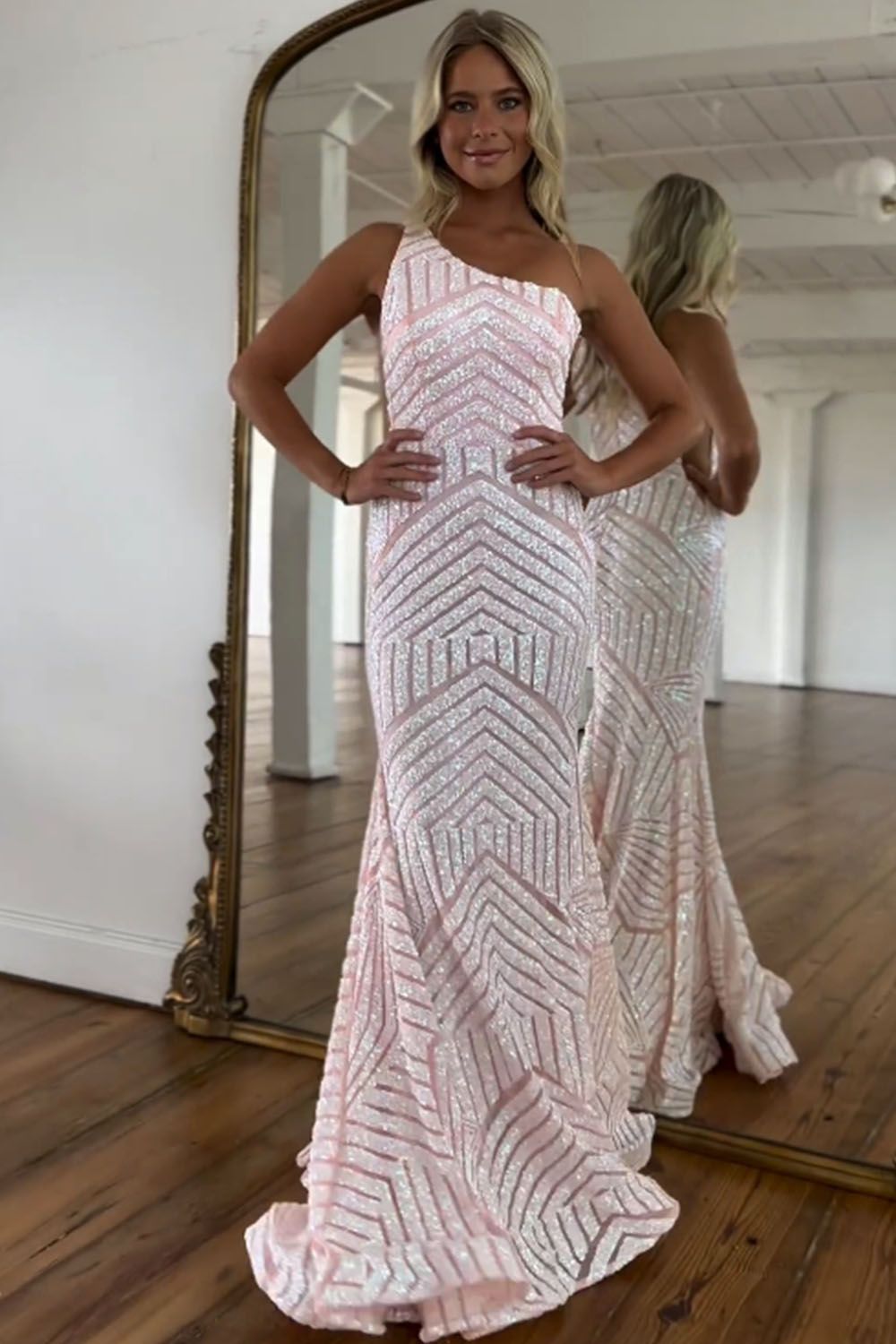 Sparkly Sequin One Shoulder Pink Long Mermaid Corset Prom Dress
