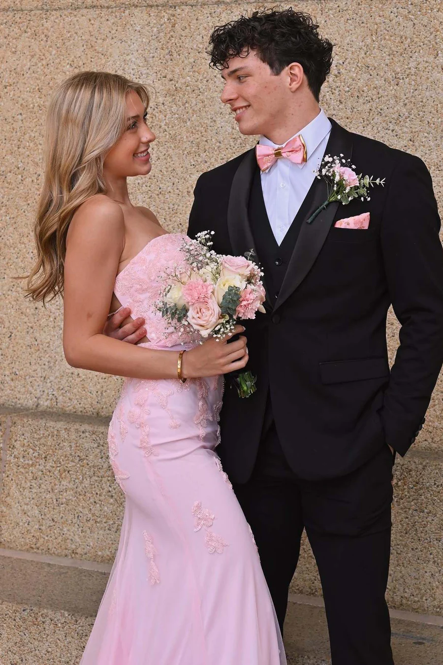 Pink Strapless Lace Appliques Mermaid Long Formal Prom Dress J9763