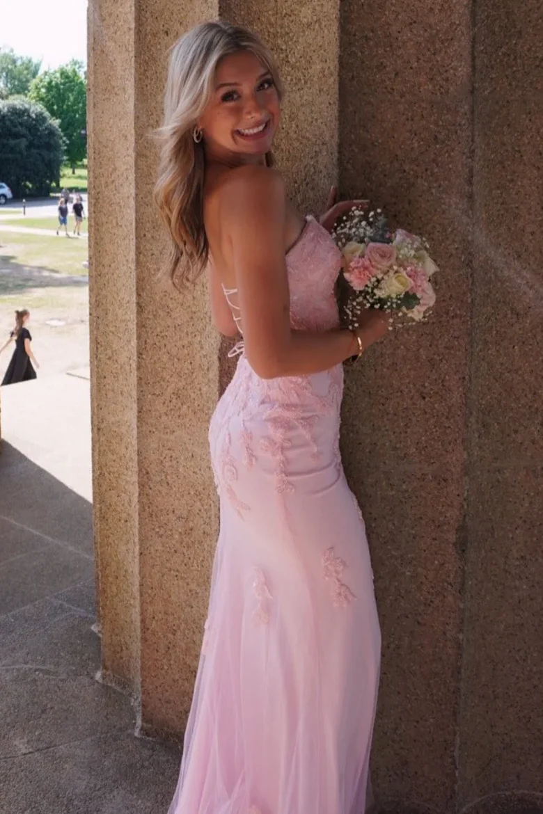 Pink Strapless Lace Appliques Mermaid Long Formal Prom Dress J9763