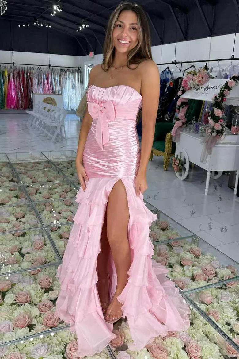 Pink Strapless Pleats Ruffles Satin Prom Dress With Slit J9764