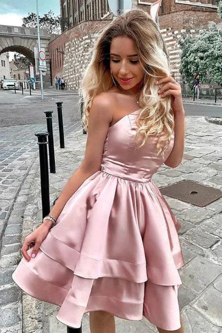 One Shoulder Homecoming Dress Satin Short Cocktail Dress SYH70 by vivymakudress
