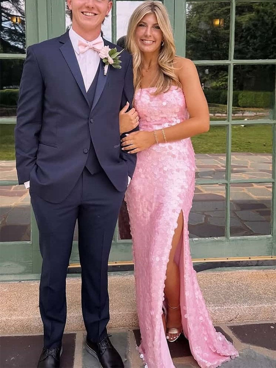 Pink Straps Sequin Long Prom Dress with Slit