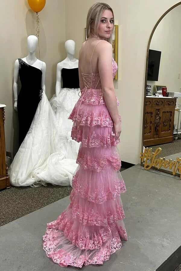 Tulle A-line Lace Appliques Ruffled Tiered Prom Dresses With Slit - View 2 | VelvetHem