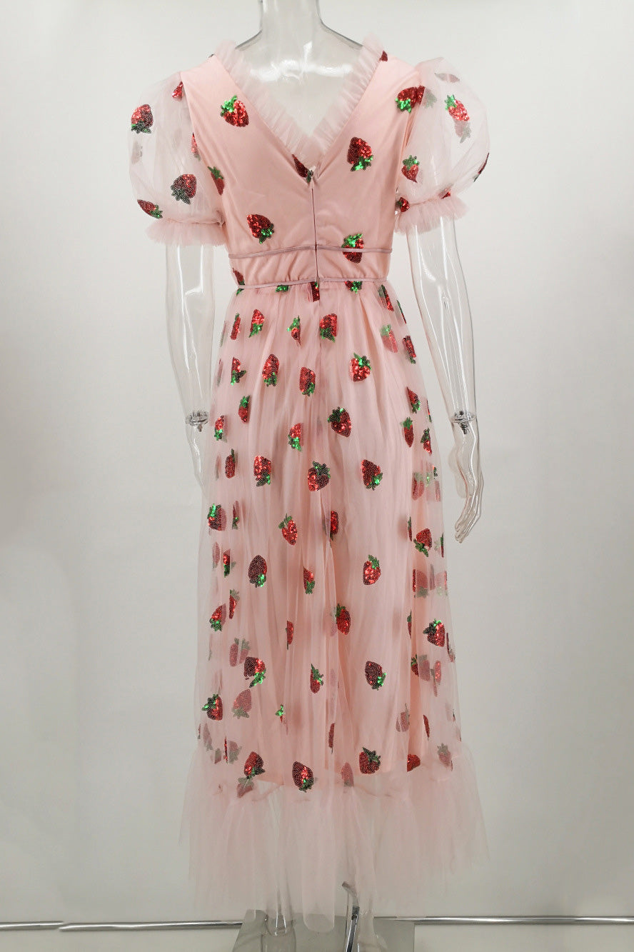 Pink V-Neck Tulle Prom Dress Evening Gown - Fashionpara