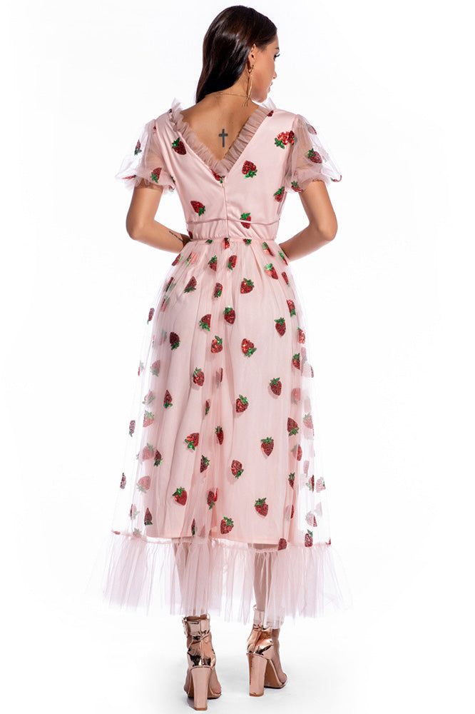 Pink V-Neck Tulle Prom Dress Evening Gown - Fashionpara