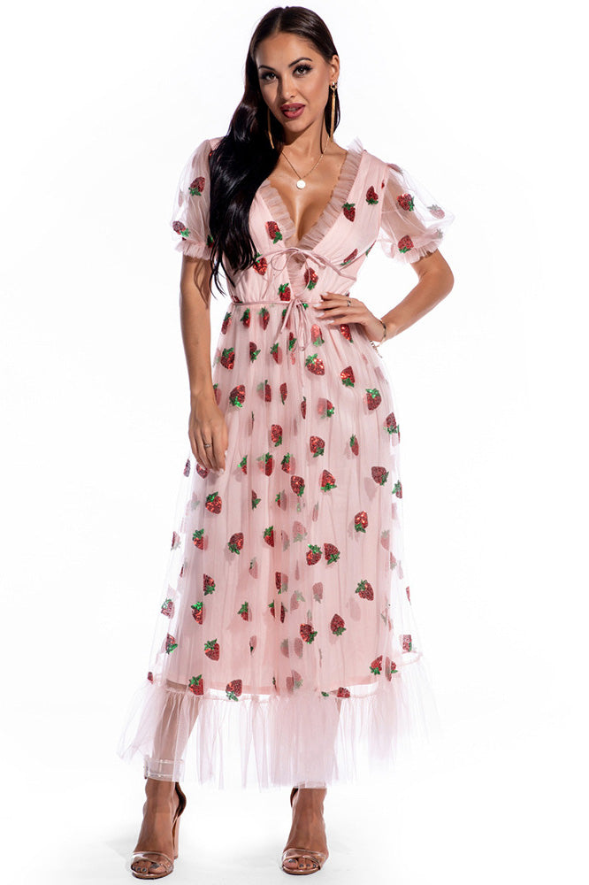 Pink V-Neck Tulle Prom Dress Evening Gown - Fashionpara