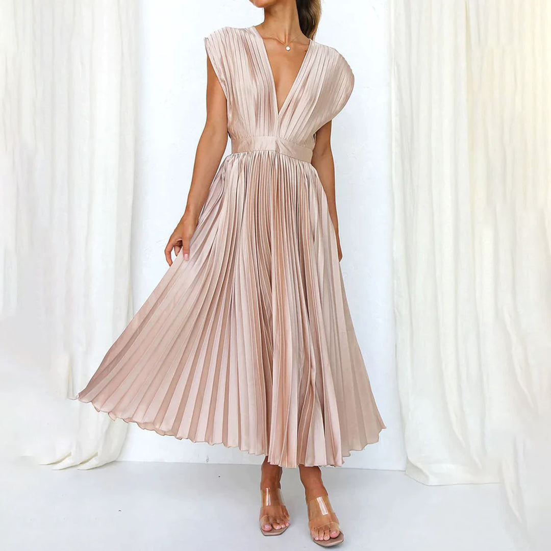 Mertxe Elegant V-neck Pleated Maxi Dress for Women Sophisticated Look