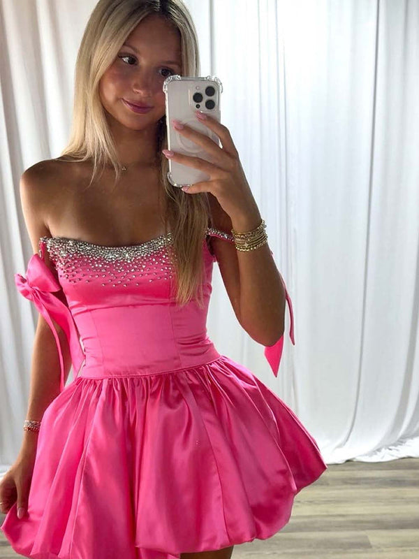 A-Line Bateau Bow Straps Satin Beaded Homecoming Dress