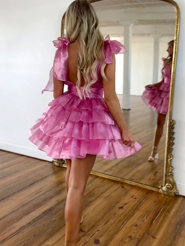 A-Line Deep V-Neck Short Tiered Satin Homecoming Dress