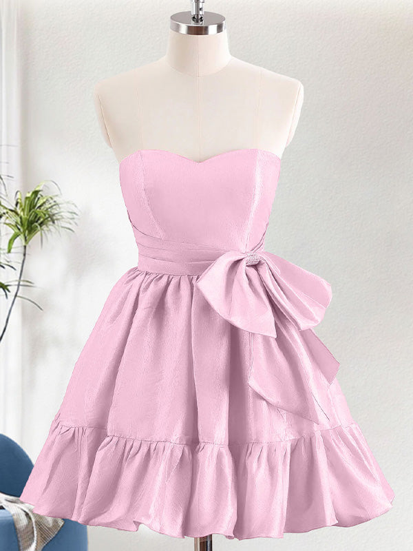 A-Line Strapless Ruffle Short Homecoming Dress with Bow - FashionDia