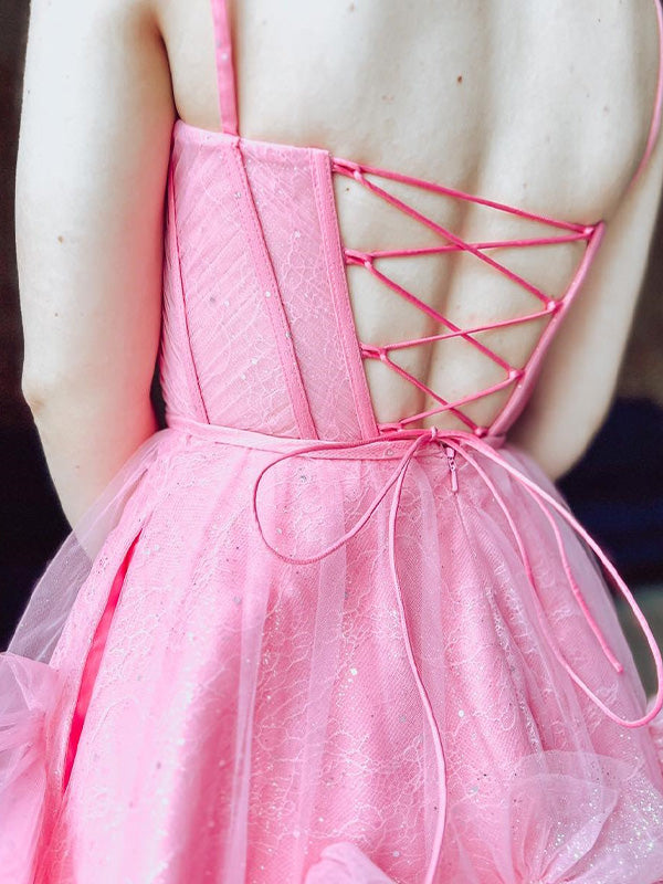 A-line Spaghetti Straps Short Ruffles Tulle Homecoming Dress