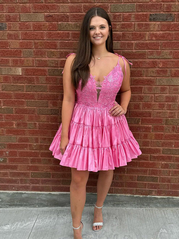 A-Line V-Neck Spaghetti Straps Satin Short Homecoming Dress - FashionDia