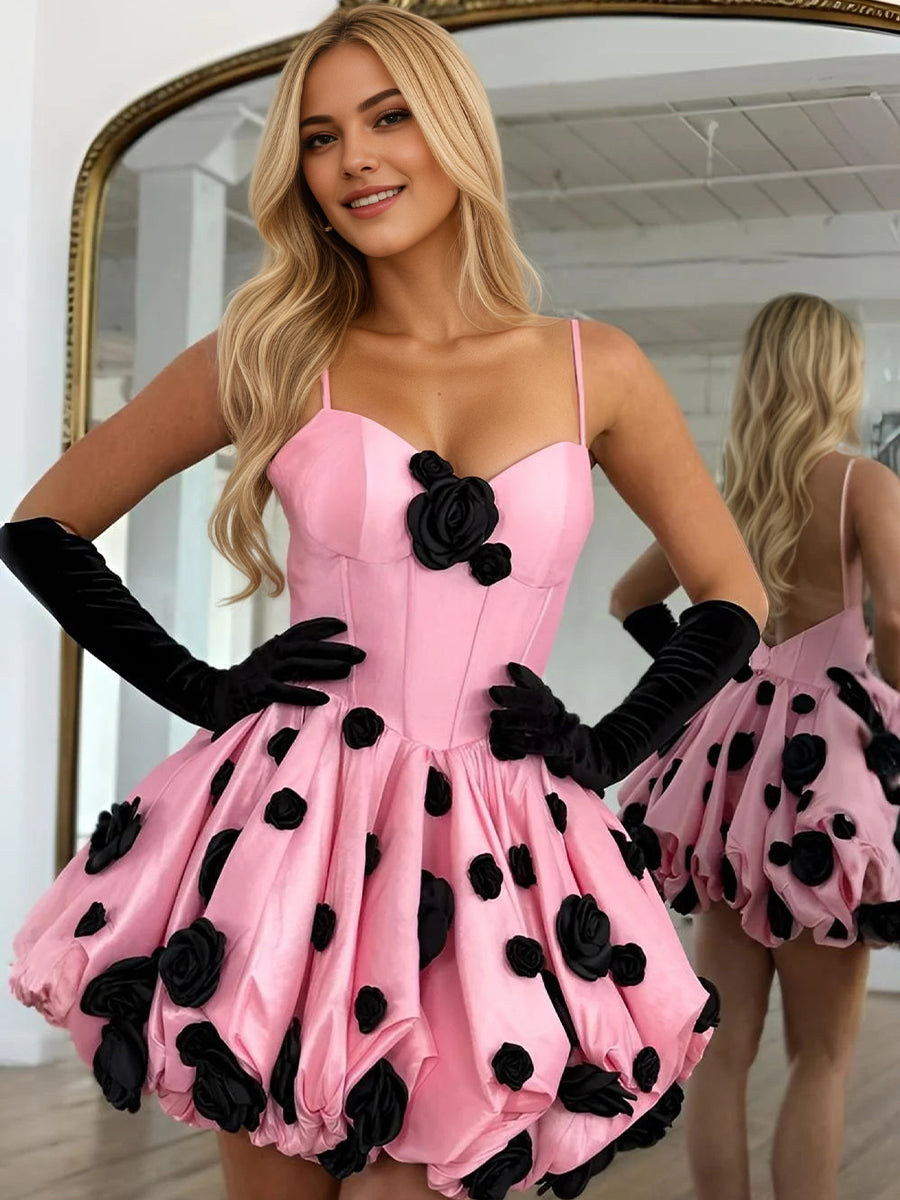 A-Line Spaghetti Straps Short Homecoming Dress with 3D Flowers - FashionDia